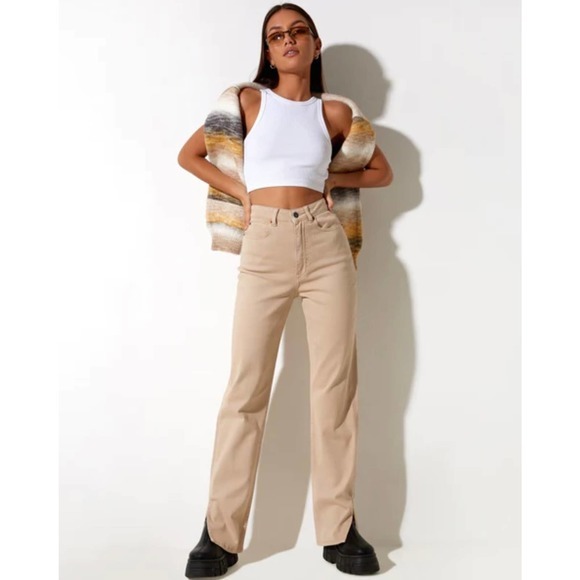 Motel Rocks Straight Leg Jeans In Winter Sandwash Knit Argyle Tan Size XS - Picture 1 of 15